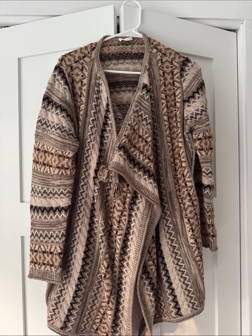J. Jill Brown and Cream Patterned Open-Front Knit Cardigan